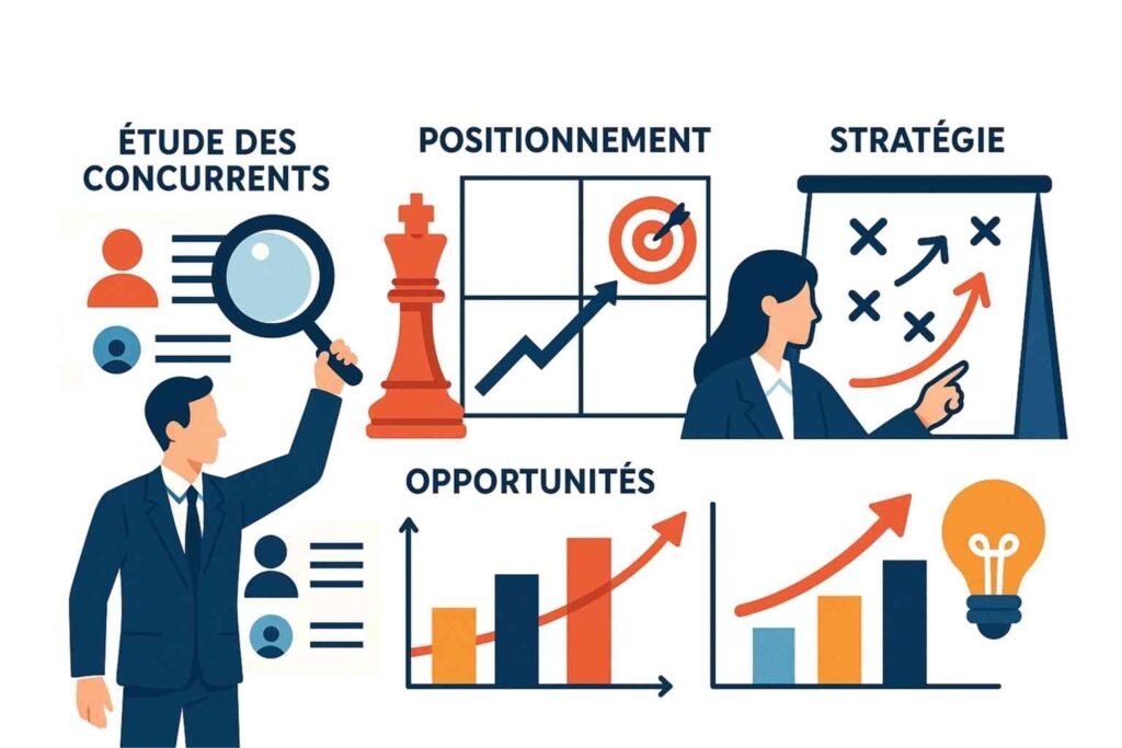 Schéma illustrant une analyse concurrentielle marché avec comparaison des forces et faiblesses des entreprises.
