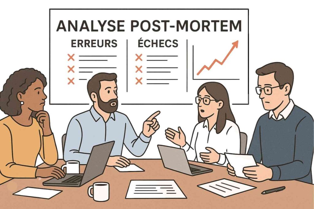 Illustration d’une analyse post-mortem projet avec une équipe identifiant les causes d’un échec pour en tirer des apprentissages.