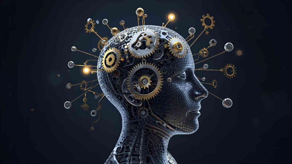 Illustration symbolique des biais cognitifs chez les entrepreneurs — tête mécanique remplie de rouages représentant la pensée et la prise de décision.