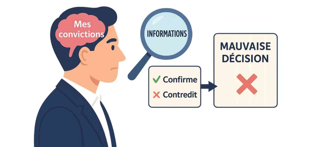 Illustration du biais de confirmation chez les entrepreneurs — cercle vicieux des croyances confirmées.