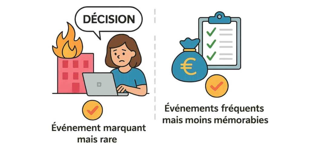 Illustration comparant perception biaisée et réalité statistique du biais de disponibilité.