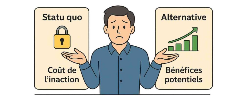 Illustration du biais de statu quo — coût caché du maintien d’une situation actuelle.