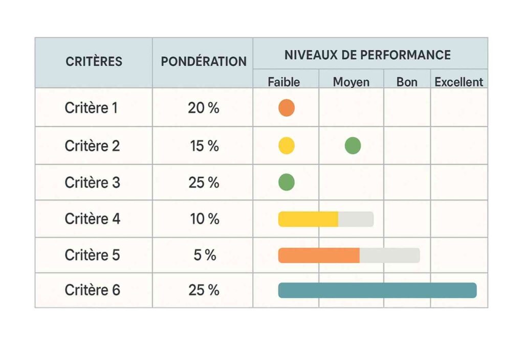 Exemple de grille d’évaluation avec critères et niveaux de performance pour mesurer objectivement des compétences.