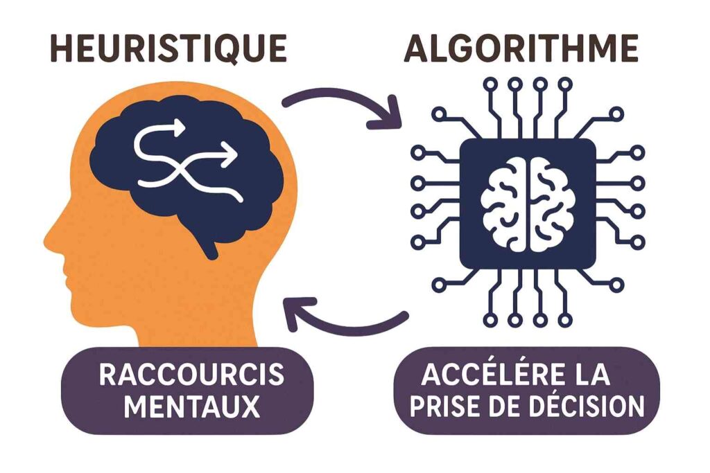 Illustration d’une heuristique en psychologie et informatique, montrant un cerveau et un algorithme simplifiant la prise de décision