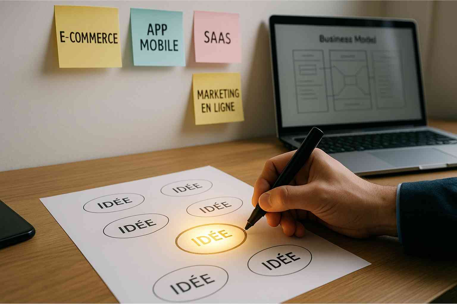 Entrepreneur entourant une idée de business brillante sur un bureau moderne avec post-its et laptop.