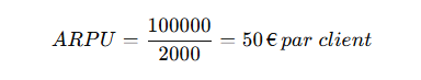 Exemple de calcul de l’ARPU pour une entreprise SaaS générant 100 000 euros de revenus avec 2 000 clients, soit 50 € par client.