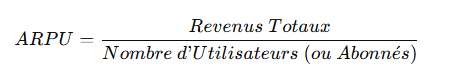 Formule de calcul de l’ARPU, revenu moyen par utilisateur égal aux revenus totaux divisés par le nombre d’utilisateurs ou d’abonnés.