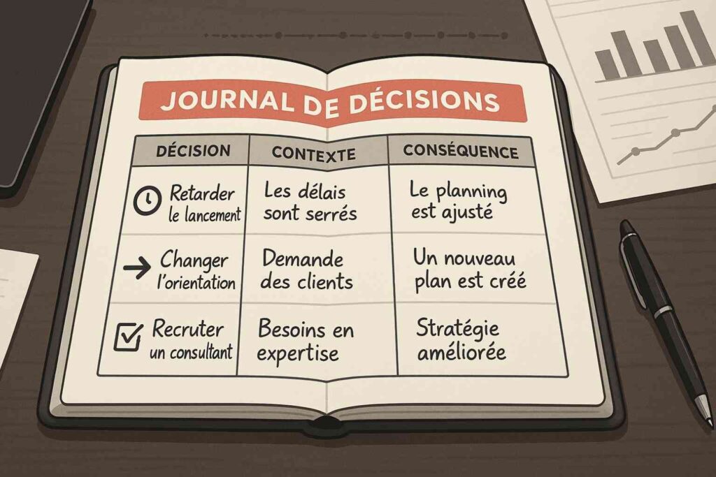 Exemple de journal de décisions utilisé pour consigner des choix stratégiques.