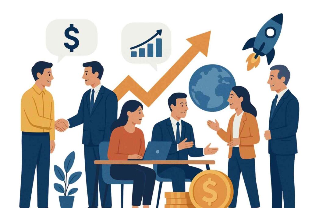 Entrepreneurs en réunion préparant une levée de fonds start-up auprès d’investisseurs.