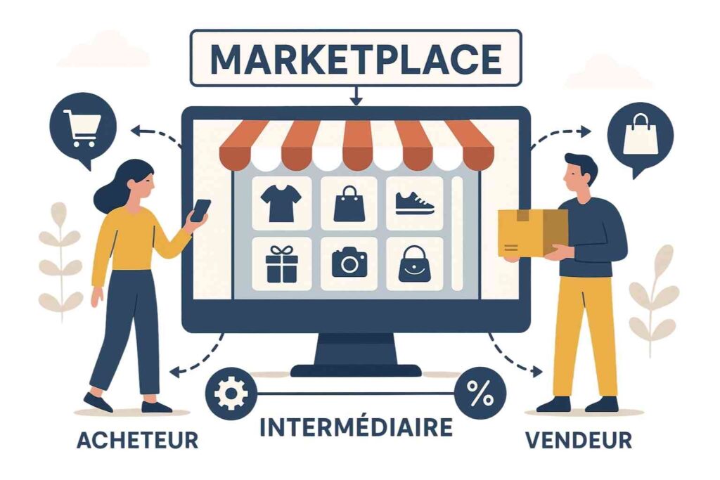 Illustration d’une marketplace plateforme en ligne reliant acheteurs et vendeurs