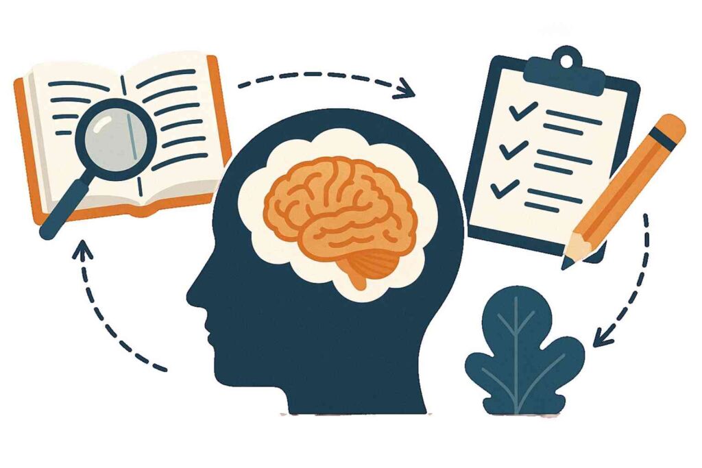 Illustration de la métacognition et apprentissage, montrant la réflexion sur ses propres processus mentaux.