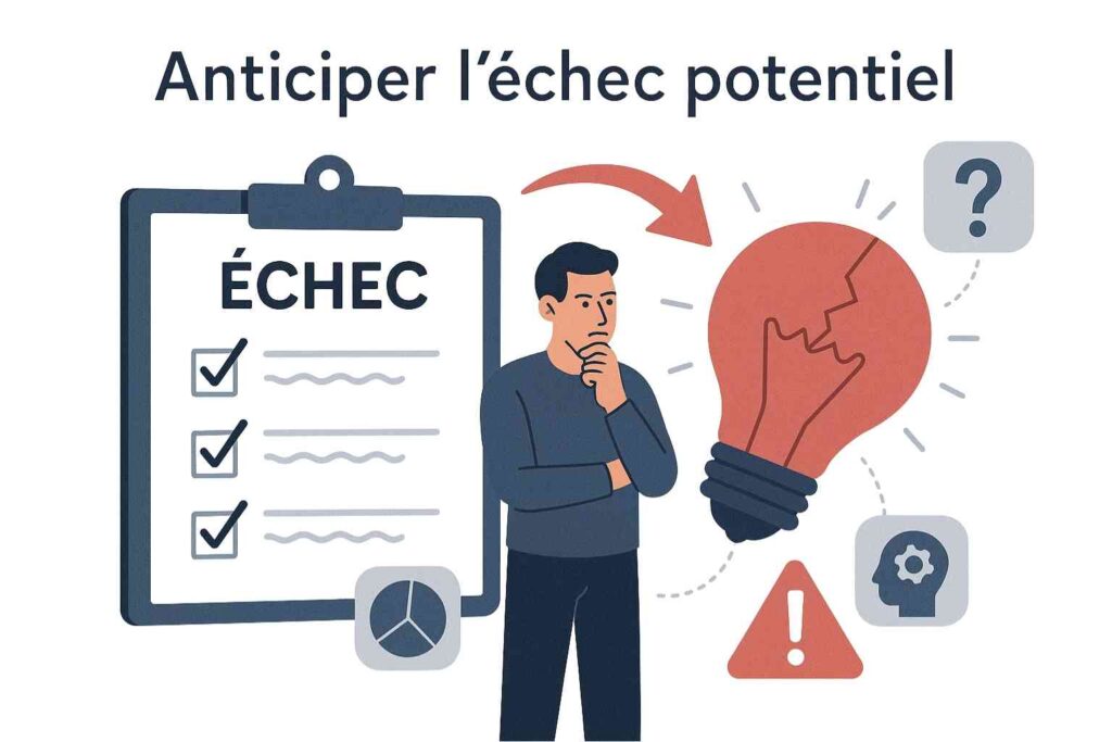 Illustration de la méthode du pré-mortem en gestion de projet, anticipant les risques avant le lancement.