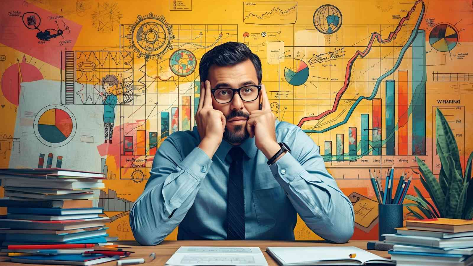 Entrepreneur concentré devant des graphiques et schémas colorés, symbolisant le mindset entrepreneurial, la stratégie et la réussite.