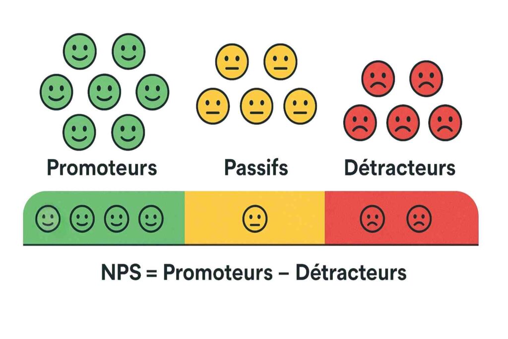 Net Promoter Score NPS et la répartition promoteurs, passifs et détracteurs.