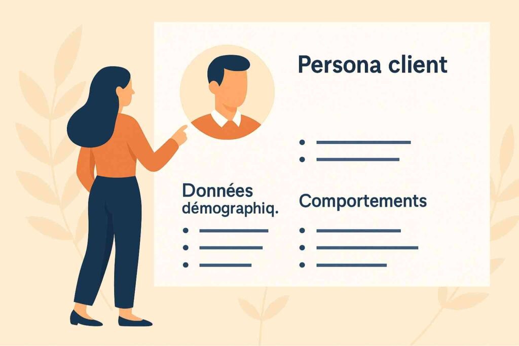 Illustration d’un persona marketing client idéal avec données démographiques et comportementales.