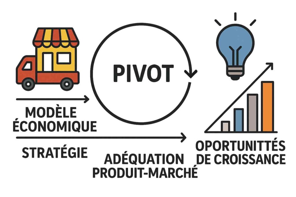 Illustration du pivot en entrepreneuriat, changement de modèle économique pour améliorer l’adéquation produit-marché.