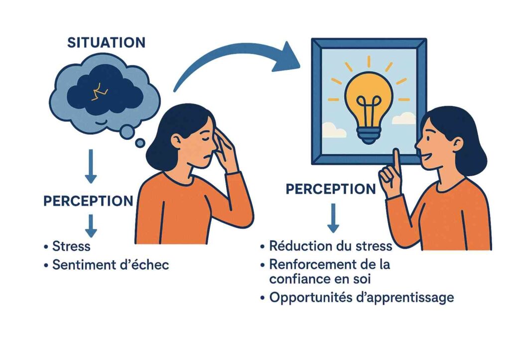 Personne pratiquant le recadrage cognitif pour transformer une pensée négative en opportunité d’apprentissage.