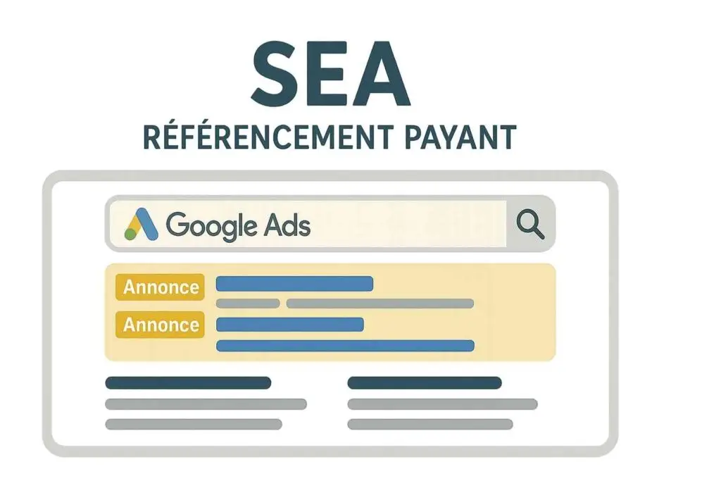 Illustration SEA référencement payant Google Ads – annonces sponsorisées sur moteurs de recherche
