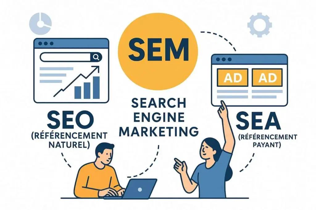 Illustration SEM Search Engine Marketing – combinaison SEO et SEA pour visibilité en ligne