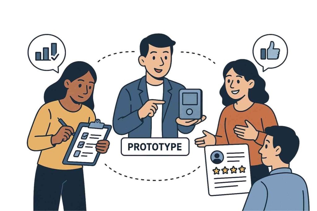 Entrepreneurs réalisant une validation de marché produit avec des clients potentiels.
