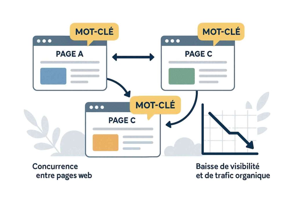 chéma illustrant la cannibalisation SEO entre plusieurs pages d’un même site web