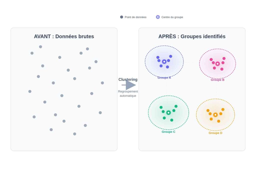 Visualisation du clustering en analyse de données avec groupes de points colorés représentant différents clusters.