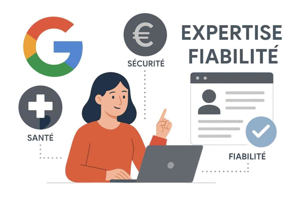 Illustration d’un contenu YMYL Google lié à la santé, la finance et la sécurité des utilisateurs.