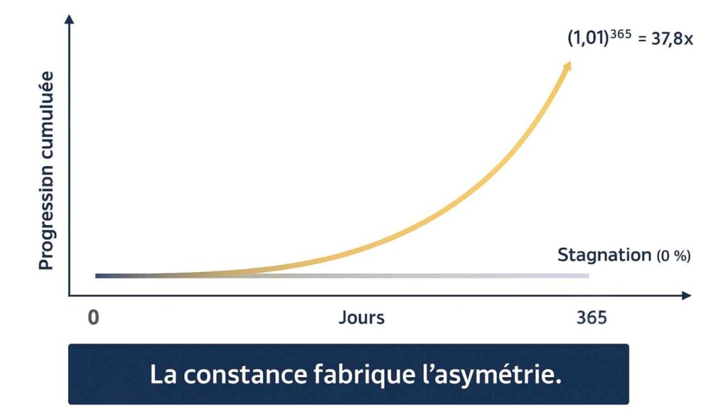 Courbe illustrant la progression exponentielle avec une amélioration quotidienne de 1 pour cent