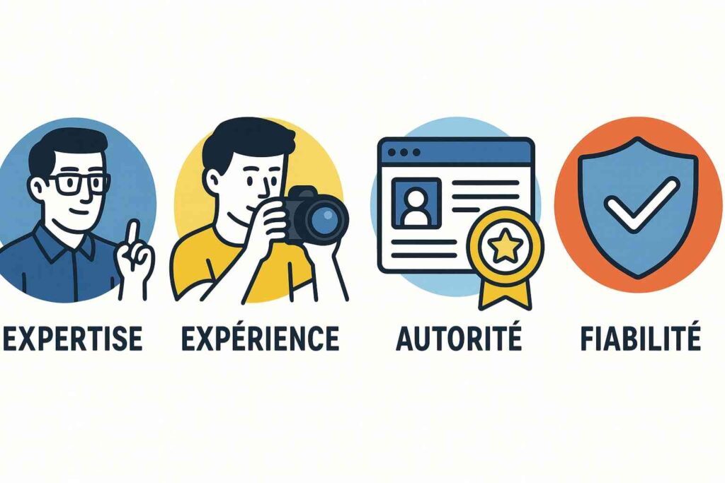 Schéma illustrant les critères EEAT Google — expertise, expérience, autorité et fiabilité du contenu web