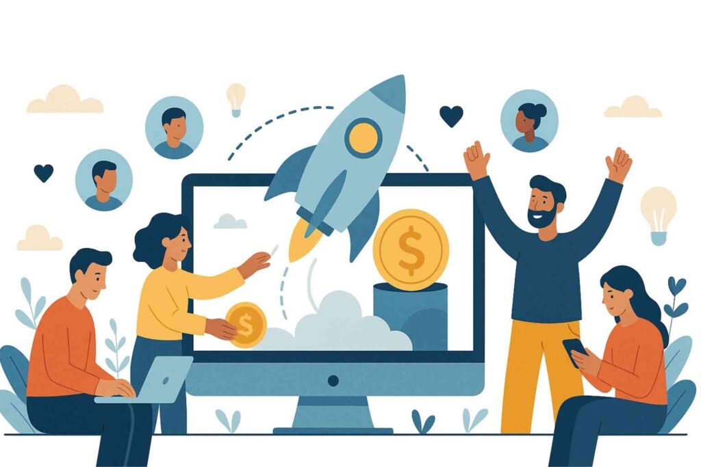Illustration d’une campagne de crowdfunding financement participatif en ligne.