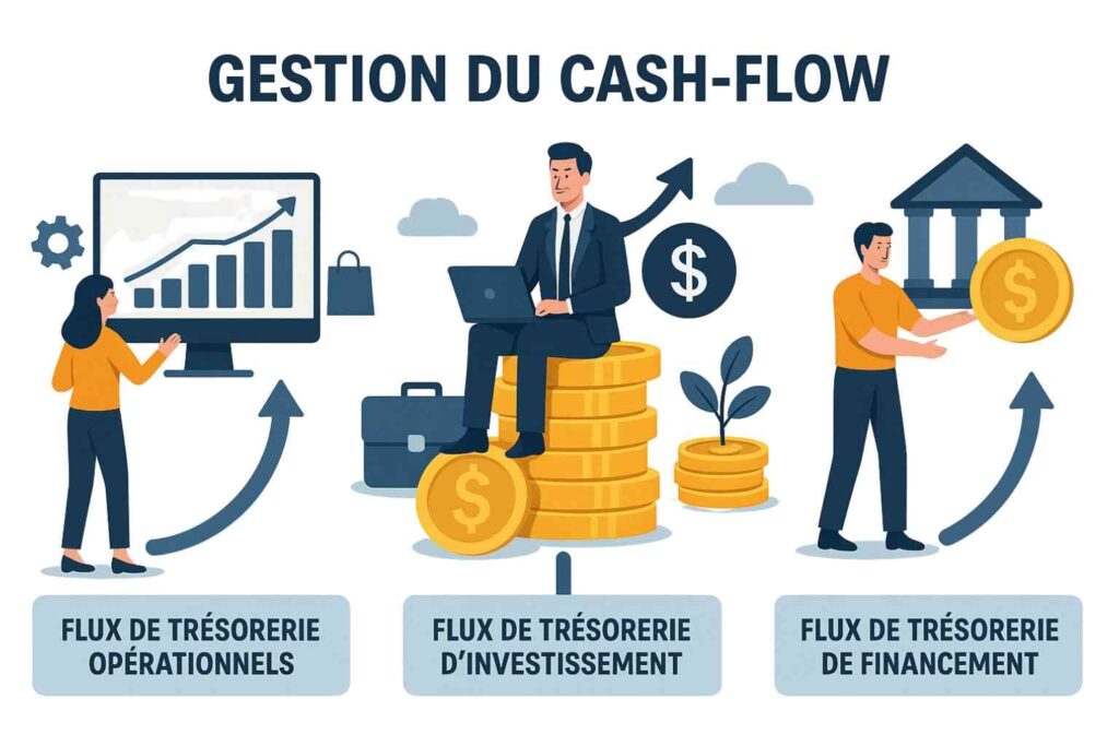 Graphique illustrant la gestion du cash-flow en entreprise et ses flux de trésorerie