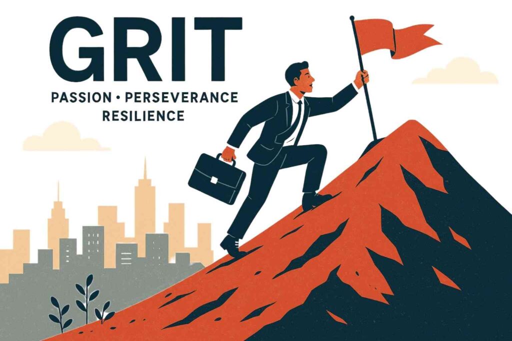Entrepreneur concentré illustrant le grit et la persévérance dans son projet à long terme.