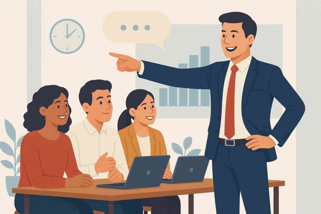 Leader inspirant guidant son équipe vers un objectif commun — leadership en entreprise