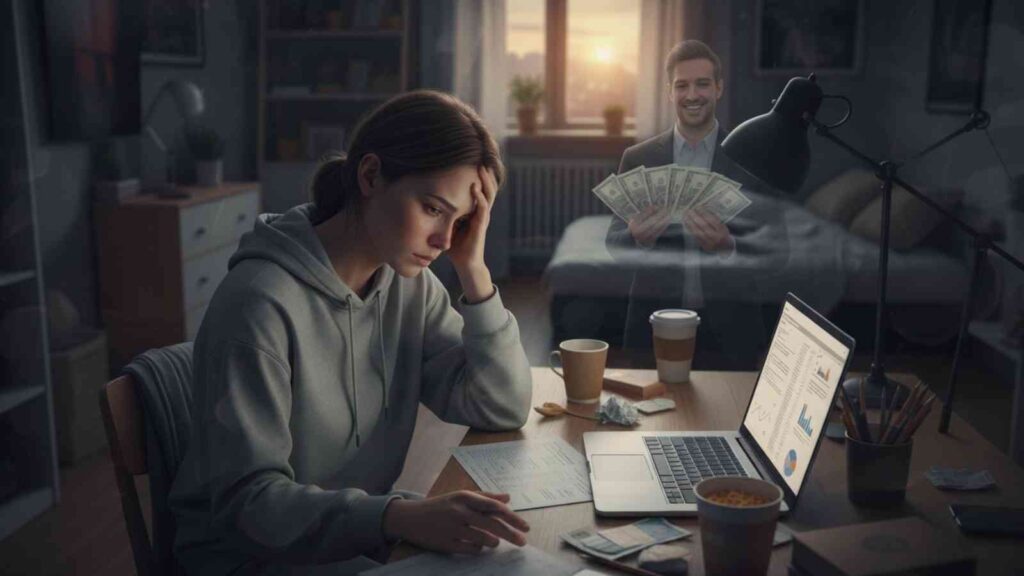 Entrepreneure stressée travaillant sur ordinateur avec vision de réussite financière