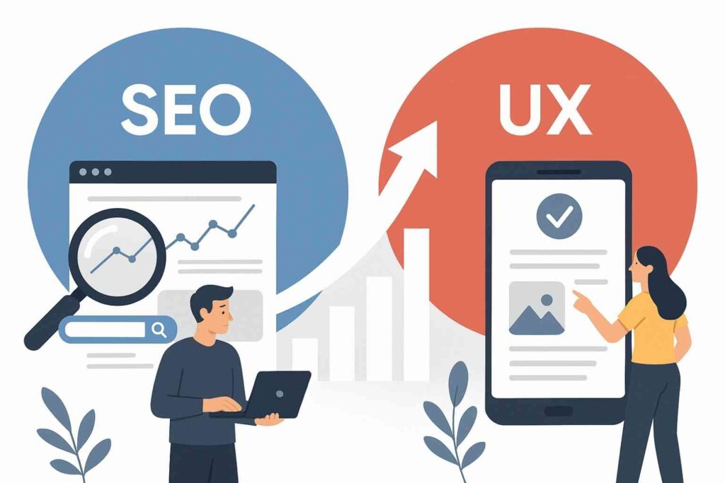 Illustration de l’optimisation SXO combinant SEO et expérience utilisateur pour améliorer la performance d’un site web.