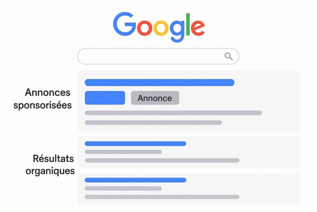 Illustration de la structure de la SERP Google avec résultats organiques et annonces payantes
