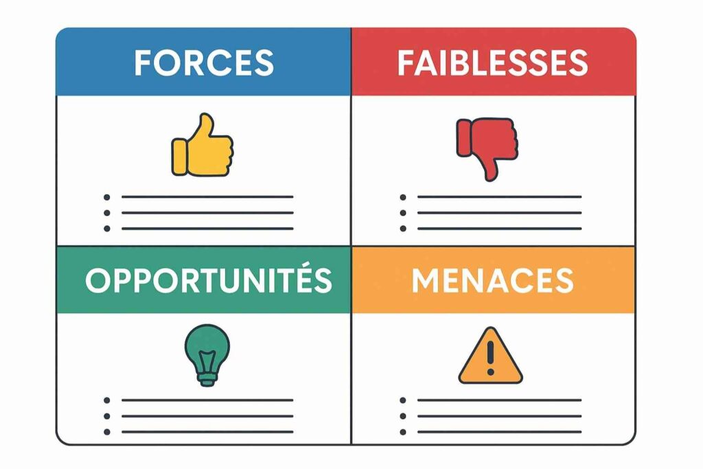 Illustration d’une analyse SWOT entreprise avec forces, faiblesses, opportunités et menaces
