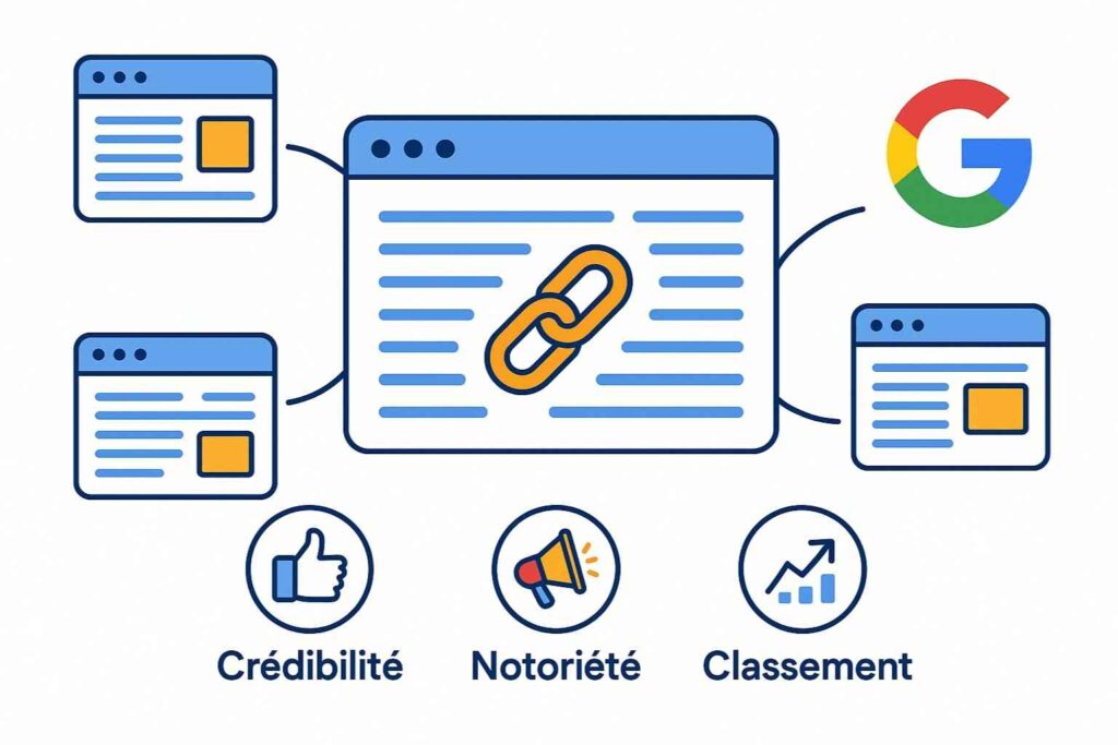 Illustration des backlinks en référencement naturel reliant plusieurs sites web pour renforcer l’autorité SEO.