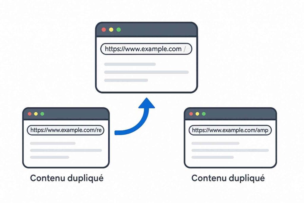 Exemple de balise canonical SEO sur une page web pour éviter le contenu dupliqué.