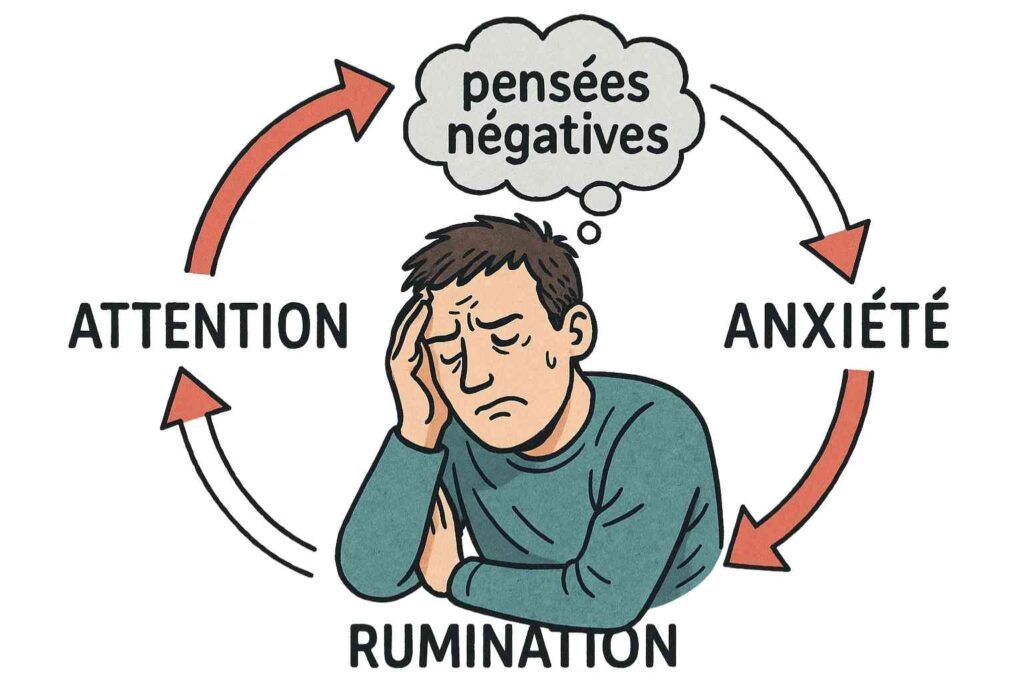 Illustration d’un cercle vicieux attentionnel où les pensées négatives renforcent l’anxiété