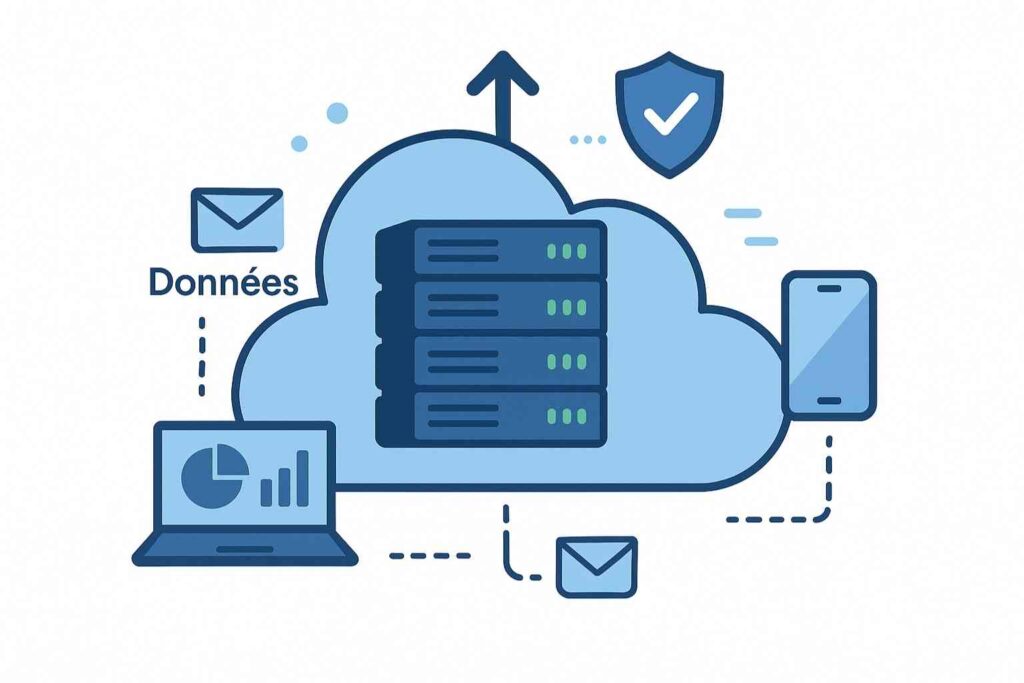Illustration du cloud informatique en nuage avec serveurs connectés et données partagées