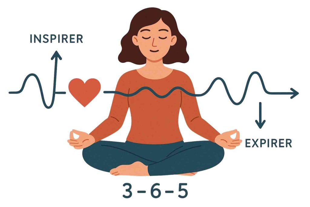 Pratiquant en cohérence cardiaque respirant calmement pour réguler son stress