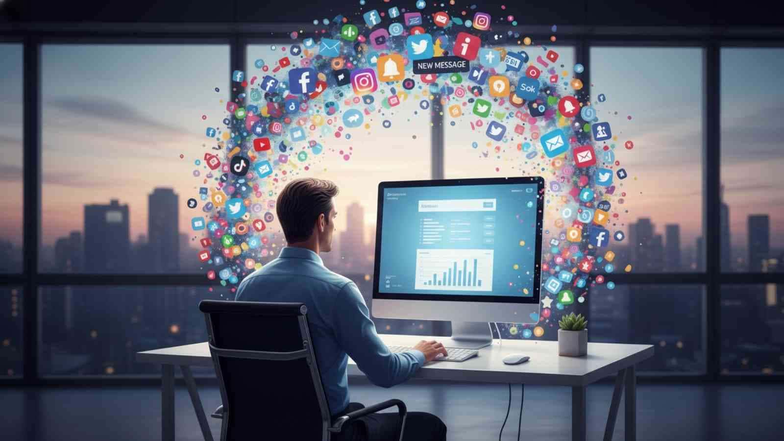 Homme concentré devant écran malgré notifications des réseaux sociaux