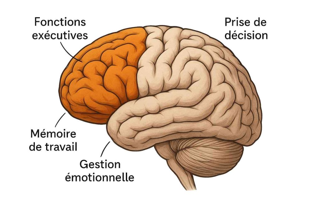 Schéma illustrant les fonctions du cortex préfrontal et son rôle dans la prise de décision.