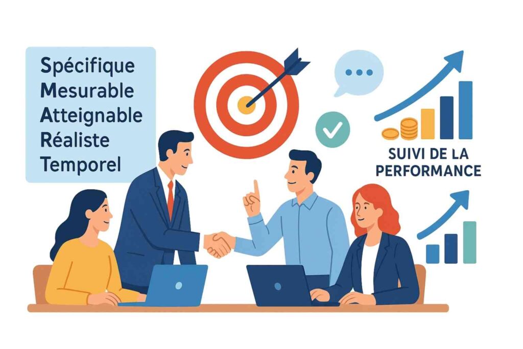 Illustration du management par objectifs MBO en entreprise, alignant équipes et stratégie