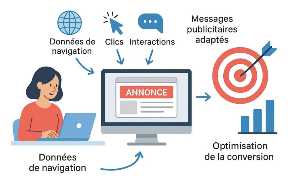 Illustration du marketing comportemental digital analysant les données des utilisateurs pour personnaliser les publicités