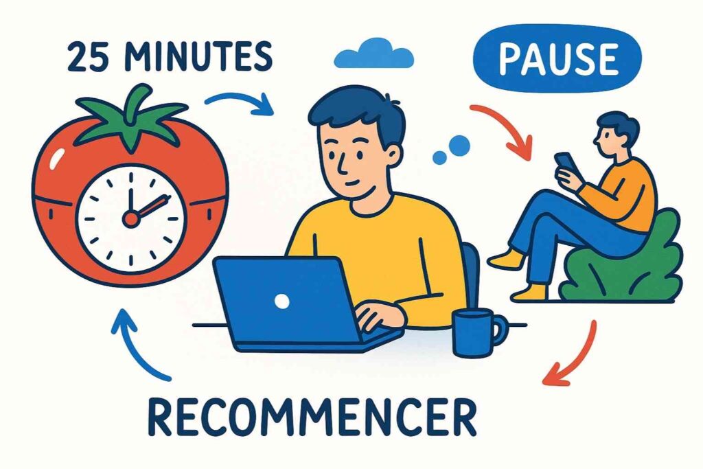 Personne utilisant la méthode Pomodoro pour gérer son temps efficacement avec un minuteur.