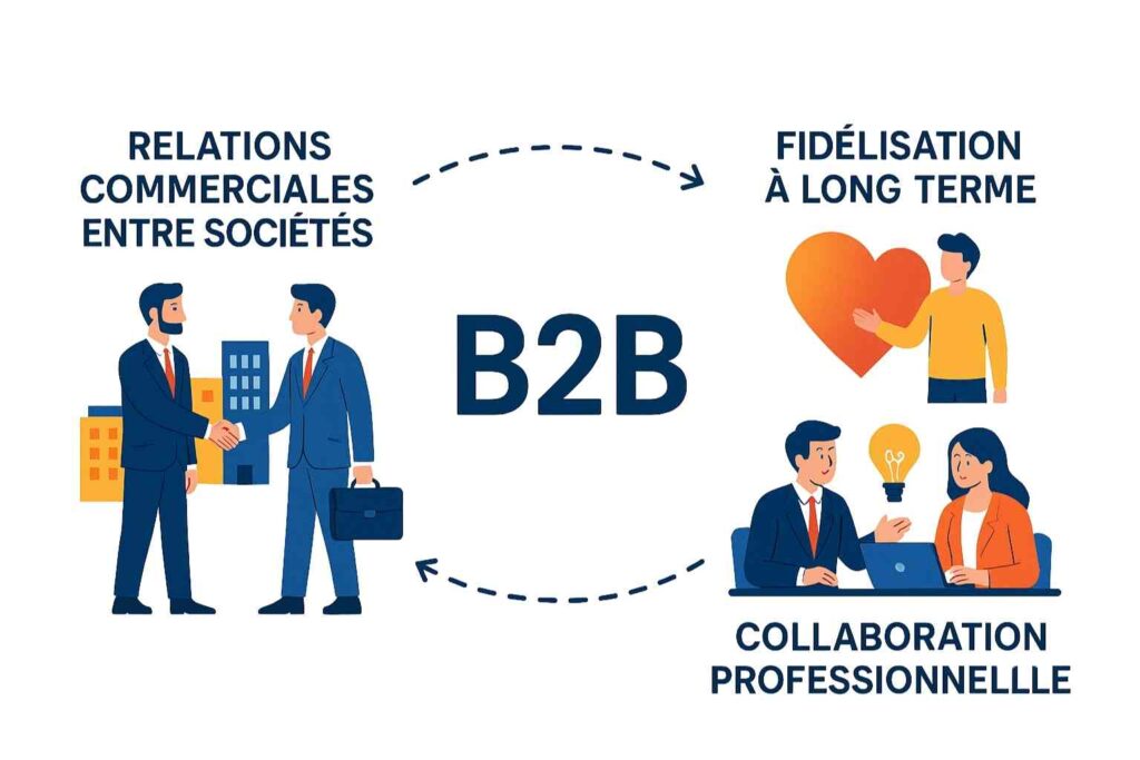 Illustration du modèle B2B entreprise avec échanges entre sociétés partenaires.