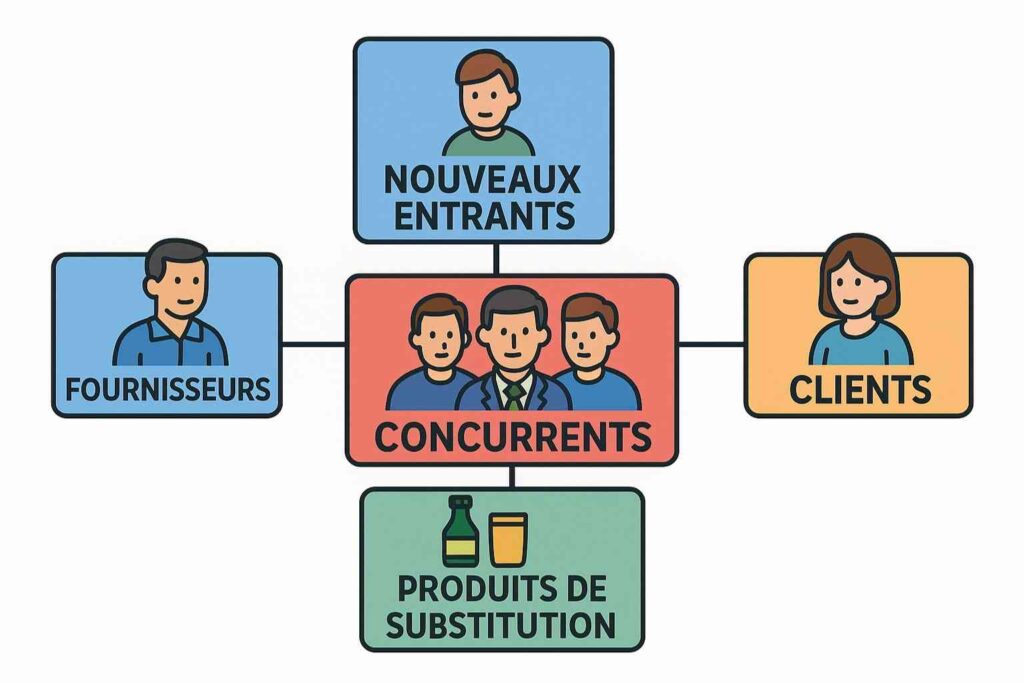 schéma du modèle des cinq forces de Porter illustrant l’analyse concurrentielle d’un secteur