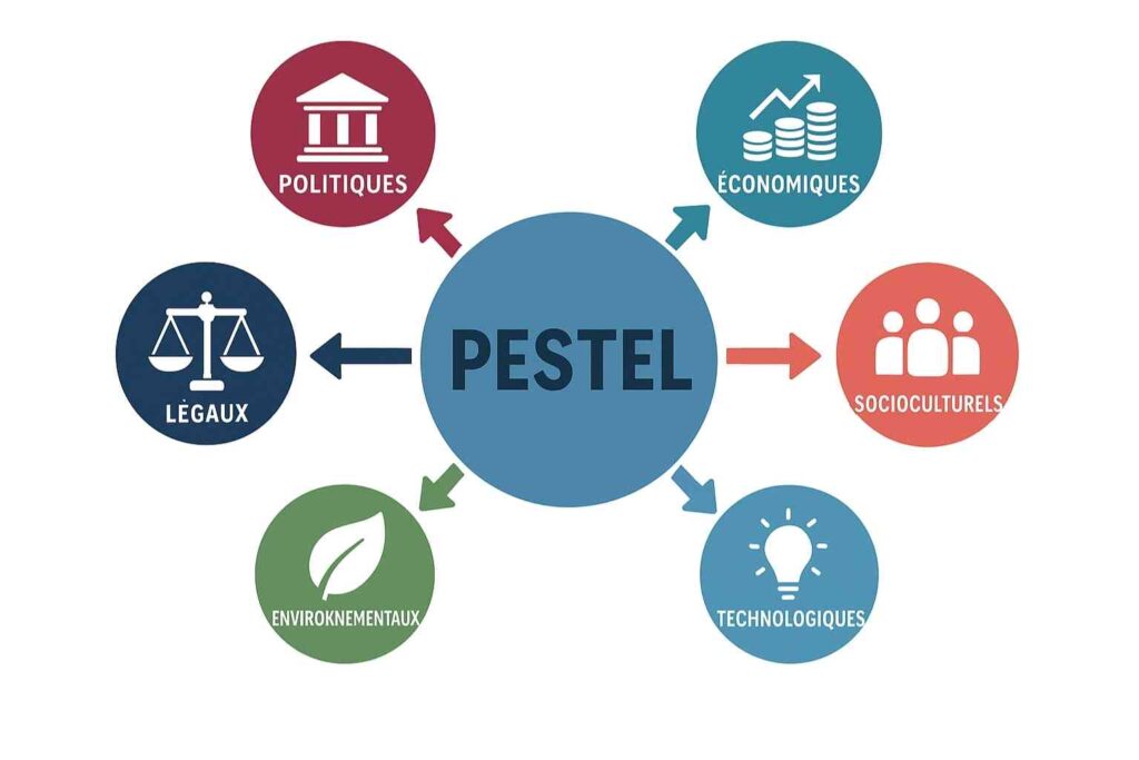 Schéma du modèle PESTEL illustrant l’analyse stratégique d’une entreprise